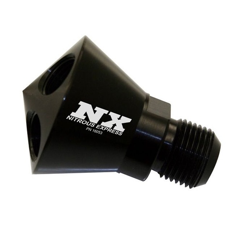 Nitrous Express Nitrous Distribution Block, Showerhead, One -8 AN, Male Inlet, Four -6 AN, Female Outlets, Black