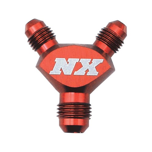 Nitrous Express Adapter Fitting, Y-Block, Pure-Flo, Aluminum, Red, -3 AN Male Inlet, -3 AN Male Outlets, Each