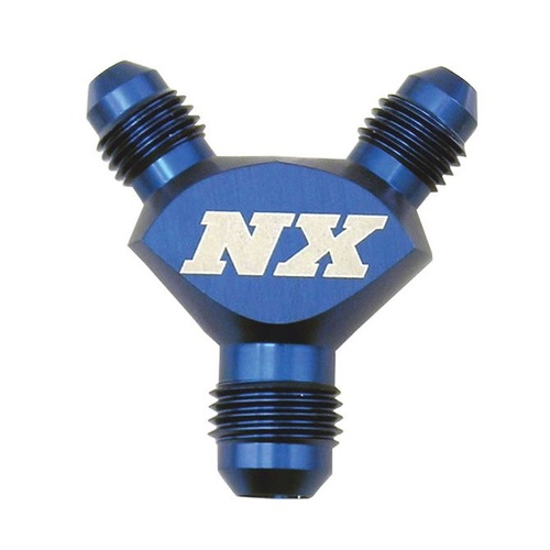 Nitrous Express Adapter Fitting, Y-Block, Pure-Flo, Aluminum, Blue, -3 AN Male Inlet, -3 AN Male Outlets, Each