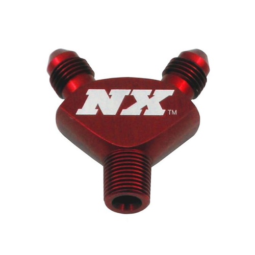 Nitrous Express Adapter Fitting, Y-Block, Pure-Flo, Aluminum, Red, 1/8 AN Male Inlet, -3 AN Male Outlets, Each