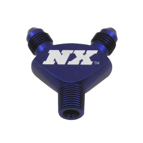 Nitrous Express Adapter Fitting, Y-Block, Pure-Flo, Aluminum, Blue, 1/8 AN Male Inlet, -3 AN Male Outlets, Each