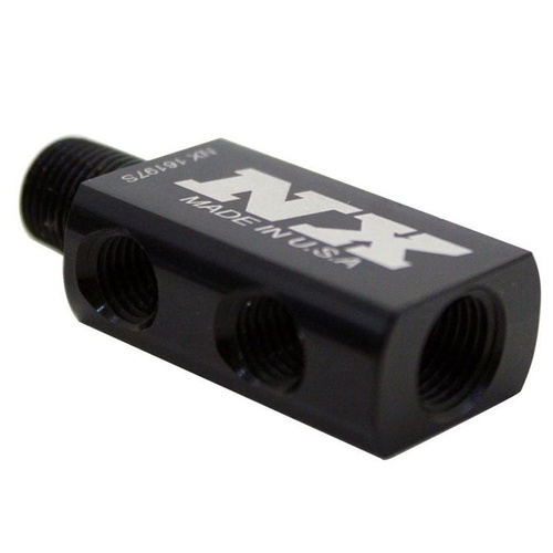 Nitrous Express Nitrous Distribution Block, Black, One 1/8 in. NPT, Male Inlet, Four 5/16-24 in, Female Outlets, 1/8 in. NPT Gauge Port, Each