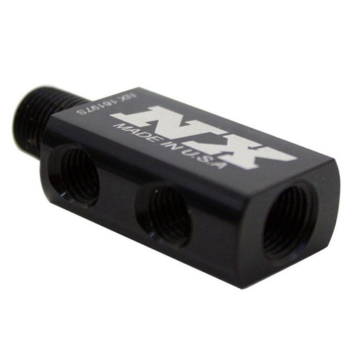 Nitrous Express Nitrous Distribution Block, Black, One 1/8 in. NPT, Male Inlet, Four 5/16-24 in., Female Outlets, 1/8 in. NPT Gauge Port, Each