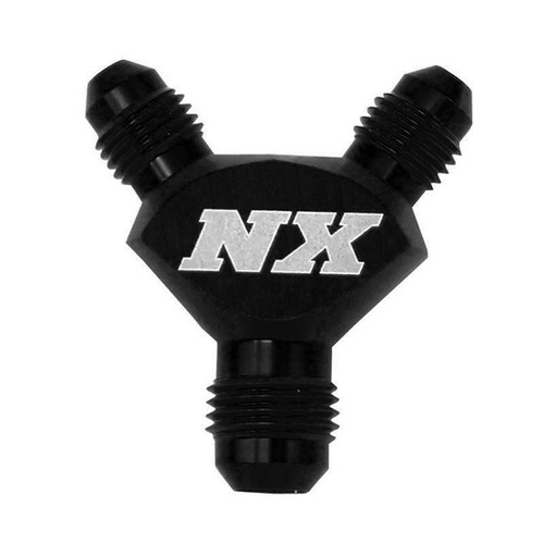 Nitrous Express Adapter Fitting, Y-Block, Pure-Flo, Aluminum, Black Anodized, -3 AN Male Inlet, -3 AN Male Outlets, Each