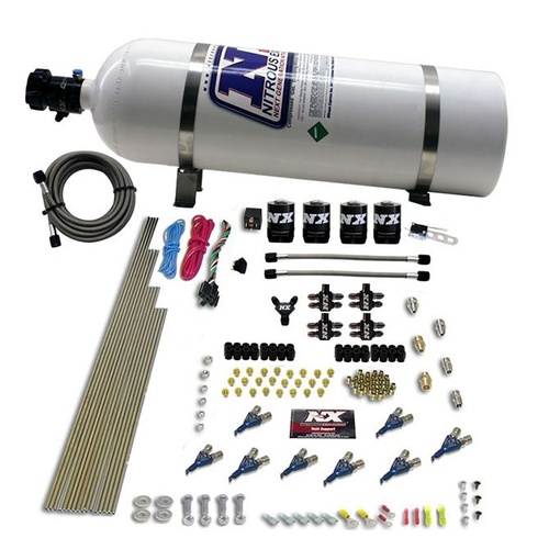 Nitrous Express 8 Cyl, Piranha, Wet, Square Bore, Direct Port, 4-Barrel, 200-500Hp, 15Lb Bottle