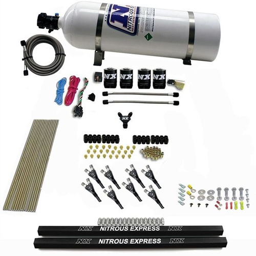 Nitrous Express Pro-Shk/Gas (200,300,400,500,600Hp) 4 Solenoids w/ Rails And 15LB Bottle , Kit