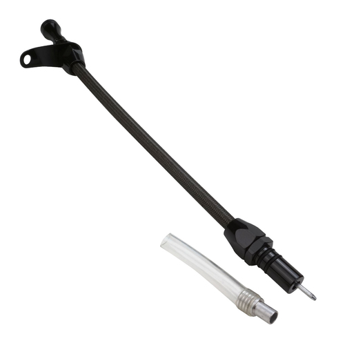 Proflow Transmission Dipstick, Black Braided Stainless Steel, Bellhousing Mount TH350, Case Fill, Each