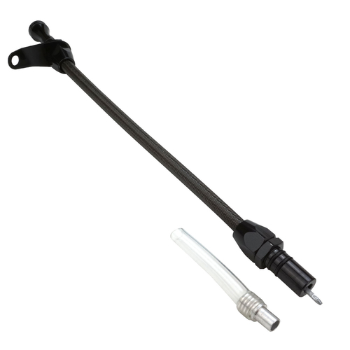 Proflow Transmission Dipstick, Black Braided Stainless Steel, Bellhousing Mount TH400, Case Fill, Each