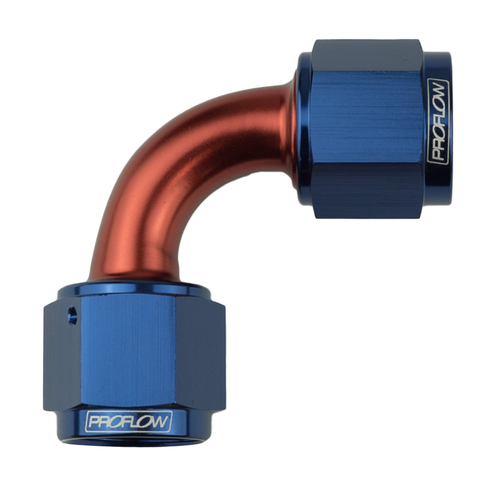 Proflow 90 Degree Female Flare Union Swivel Hose End -06AN, Blue/Red