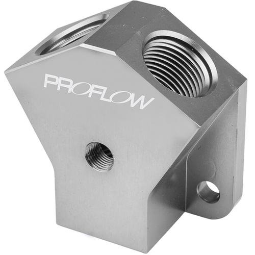 Proflow Billet AN Fuel Block -08AN In -08AN Out w/1/8in. NPT Port, Silver