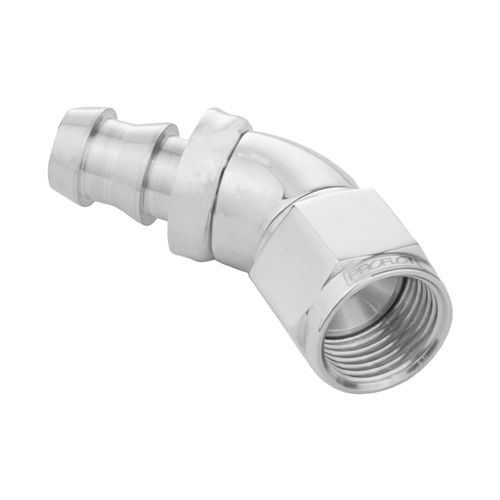 Proflow 45 Degree Fitting Hose End Full Flow Barb to Female -04AN, Polished