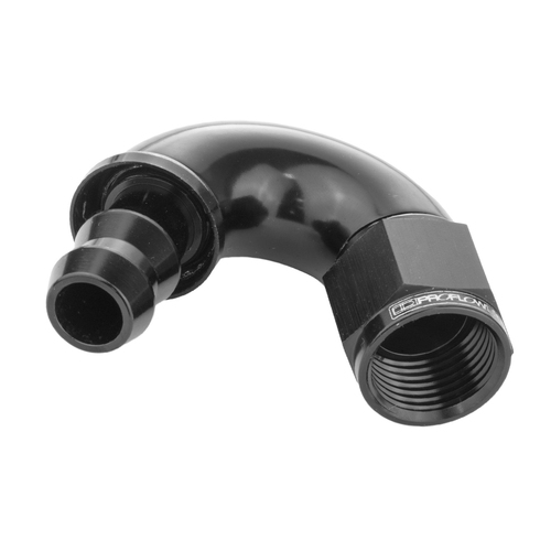 Proflow 150 Degree Fitting Hose End Full Flow Barb to Female -06AN, Black