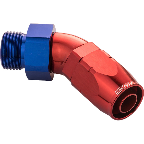 Proflow 45 Degree Fitting Hose End -06AN Orb Male To -06AN, Blue/Red