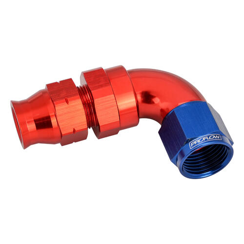 Proflow Full Flow 5/16in. Tube To Female -06AN Hose End, 90 Degree, Tube Adaptor, Blue/Red
