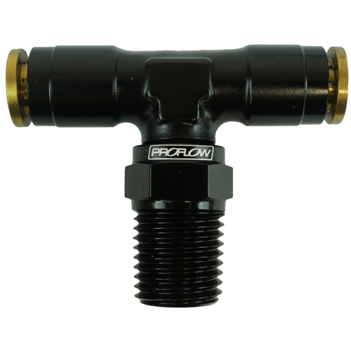 Proflow Fitting, Push Release Tee 1/4in. Tube To 1/4in. NPT, Black