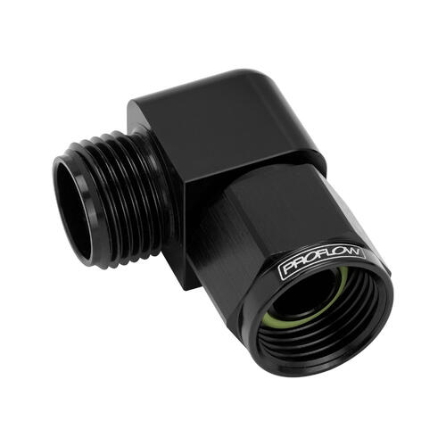 Proflow Air Conditioning Adaptor Tite Fit Fitting, #10 A/C 7/8"-14, 90 Degree, Female to Male, Aluminium, Black