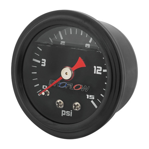 Proflow Fuel Pressure Gauge 0-15PSI, Stainless Steel, Black Body/Black Face Liquid Filled 40mm, Each