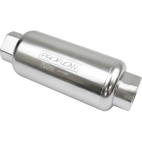 Proflow Fuel Filter, Inline Mount,  10 Microns, Billet Aluminium, Silver Anodised, 140mm length -10 AN Inlet/Outlet