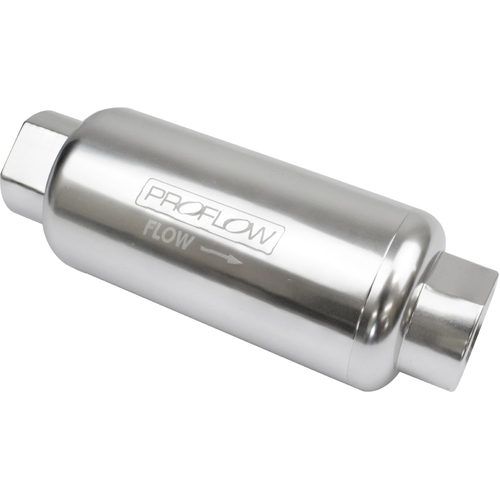 Proflow Fuel Filter, Inline Mount, 40 Microns, Billet Aluminium, Silver Anodised, 140mm length -10 AN Inlet/Outlet