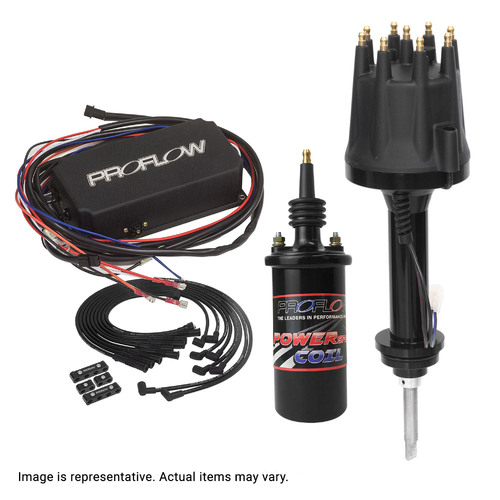 Proflow Ignition Combo Kit, Pro Series Billet Distributor, Pro Lead Wires 8.8mm, Ignition CDI 6AL, Striker Coil SB For Ford 351 Windsor