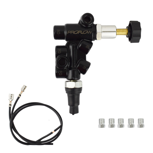 Proflow Brake Proportioning Valve, Adjustable, Knob Adjustment, Two Inlets, Three Outlets, Aluminium, Black