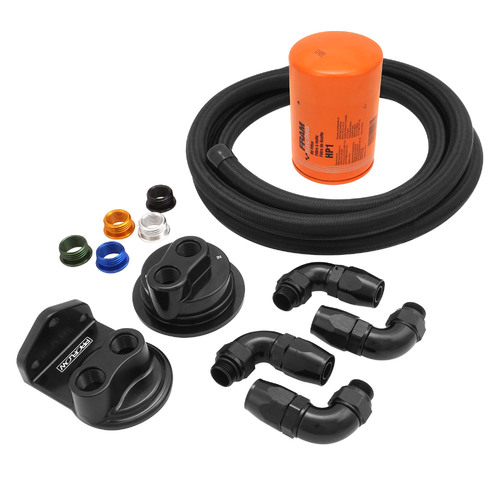 Proflow Billet Remote Universal Filter head, Universal Block Adaptor, Black , Top -08 ORB Ports , 90Deg -08ORB x AN10 Fittings, PFE450R-10 Hose, Kit
