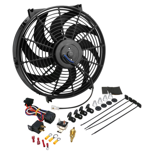 Proflow Electric Cooling Fan Kit, Curved Black, 12 in, 1200 CFM, Reversible, w/Fan Control & Mounting Hardware, Thermostatic, 165-180F