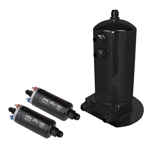 Proflow Fuel Surge Tank & Pump Kit Fabricated Aluminium, 254mm x 108mm, 2.5L, 2x 044 style pumps, Black Anodised