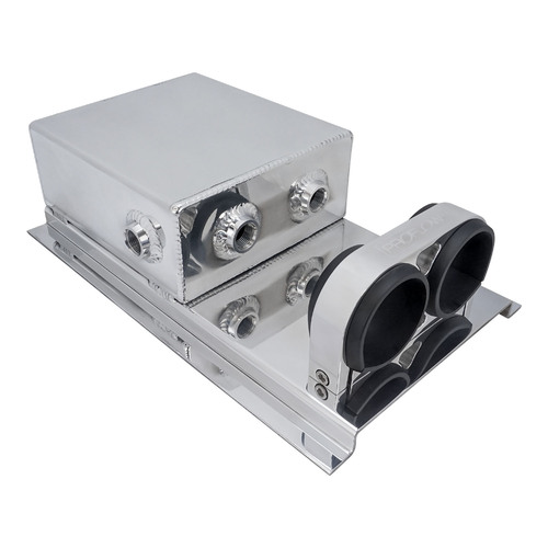 Proflow Fuel Surge Tank Fabricated Aluminium, Square Slim, 044 Pump Mounts, 80mm x, 200mm x 180mm, 2.5L, AN Fitting Kit, Polished