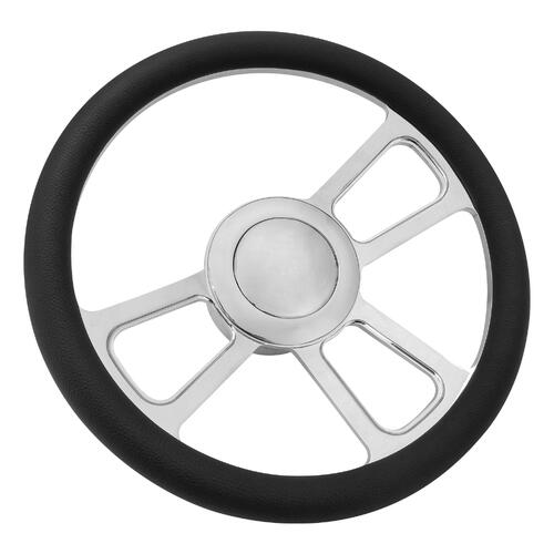 Proflow Billet 3 Slot Straight Spoke Steering Wheel,14'' Chrome/Black Leather, Universal Fit, Steering Wheel ,Adaptor, Horn Button, 2 inch Dish, Kit