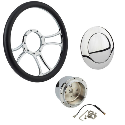 Proflow Billet 3 Slot Curved Spoke Steering Wheel,14'' Chrome/Black Leather, Universal Fit, Steering Wheel ,Adaptor, Horn Button, 2 inch Dish, Kit
