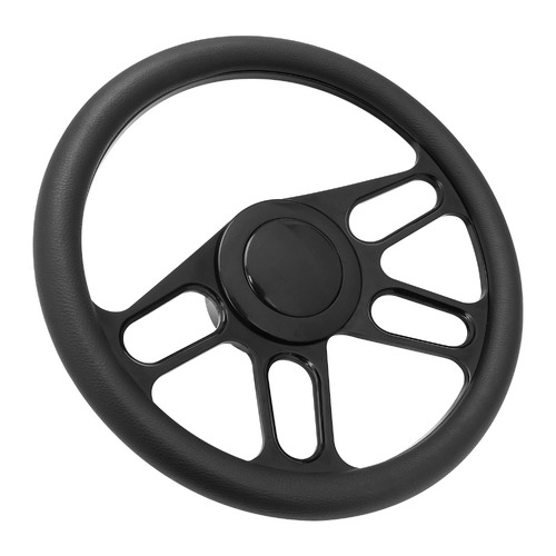 Proflow Billet 4 Slot Steering Wheel,14'' Black Leather/Black Leather, Universal Fit, Steering Wheel ,Adaptor, Horn Button, 2 inch Dish, Kit