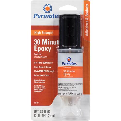 Permatex Epoxy, 30 Minute, High Strength, Clear, No Clamping, 3,500 psi Strength, 0.84 oz, Each