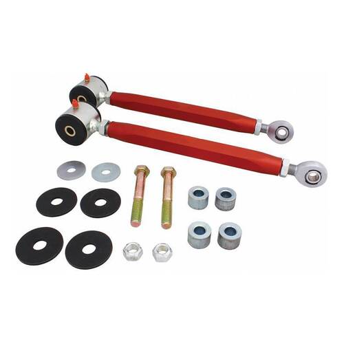 QA1 Toe Links, Adjustable, Rear, Lower, Steel, Red Anodized, Polyurethane Bushings, 84-02 Camaro, Pair