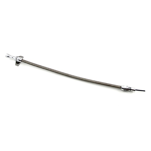 RPC Transmission Dipstick, Braided Stainless Steel, Tumble Polished, Firewall Mount, GM Powerglide Case Fill, Each