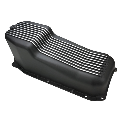 RTS Oil Pan, Cast Aluminum, Machined Finned, Black 4 qt, 1986-2002 SB Chev, R/H Side Dip Stick,1 Piece Rear Main,