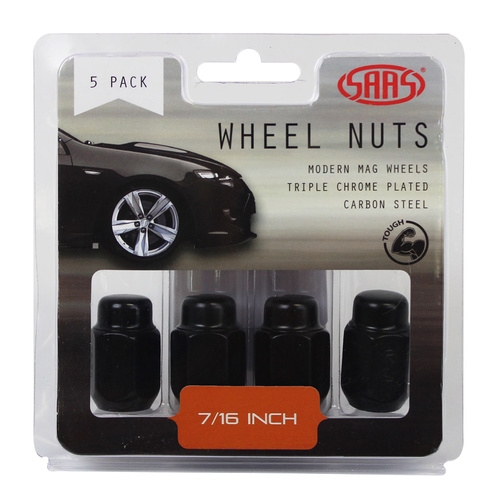 SAAS Wheel Nuts, Acorn Taper 7/16, Black, 35mm, Set Of 5