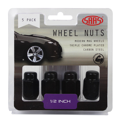 SAAS Wheel Nuts, Acorn Taper 1/2, Black, 35mm, Set Of 5