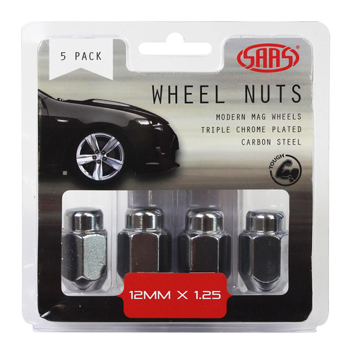 SAAS Wheel Nuts, Acorn Taper 12 x 1.25, Chrome, 35mm, Set Of 5