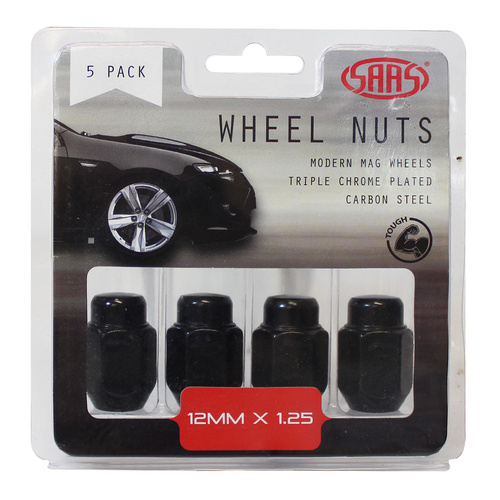 SAAS Wheel Nuts, Acorn Taper 12 x 1.25, Black, 35mm, Set Of 5