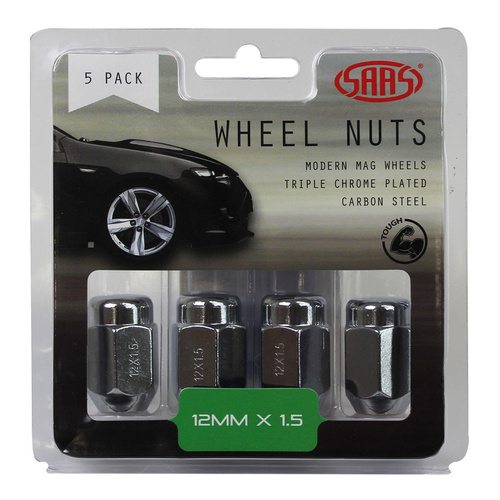 SAAS Wheel Nuts, Acorn Taper 12 x 1.50, Chrome, 35mm, Set Of 5