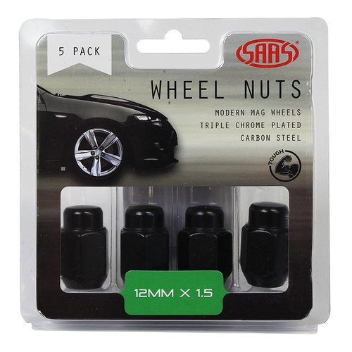 SAAS Wheel Nuts, Acorn Taper 12 x 1.50, Black, 35mm, Set Of 5