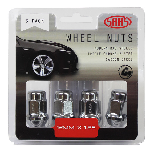SAAS Wheel Nuts, Acorn Bulge, 12 x 1.25, Chrome, 35mm, Set Of 5