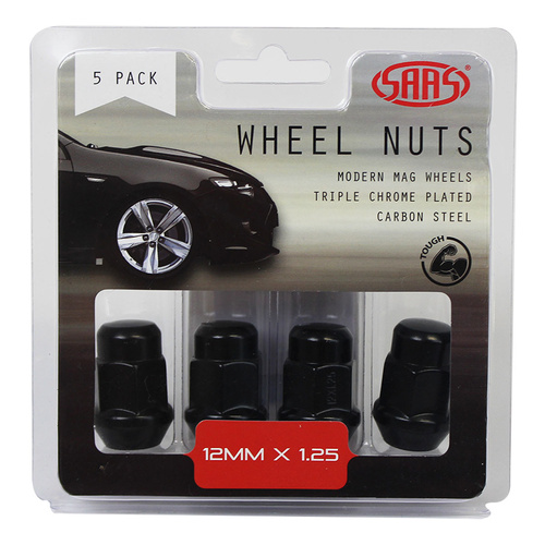 SAAS Wheel Nuts, Acorn Bulge, 12 x 1.25, Black, 35mm, Set Of 5