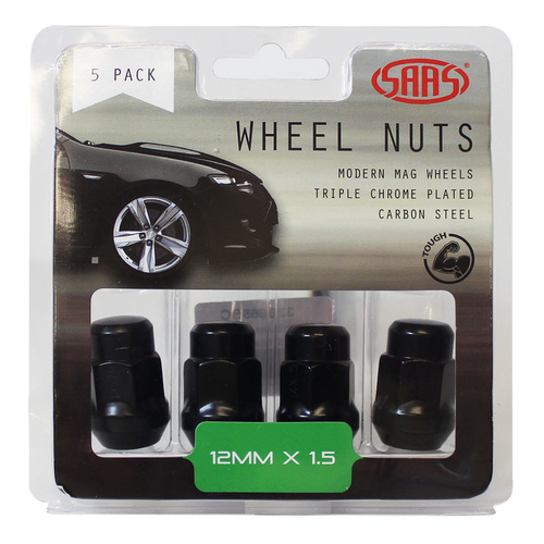 SAAS Wheel Nuts, Acorn Bulge, 12 x 1.50, Black, 35mm, Set Of 5