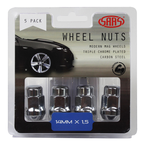 SAAS Wheel Nuts, Acorn Bulge, 14 x 1.50, Chrome, 35mm, Set Of 5