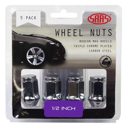SAAS Wheel Nuts, Flat Head Bulge, 1/2 in. Chrome 35mm, Set Of 5