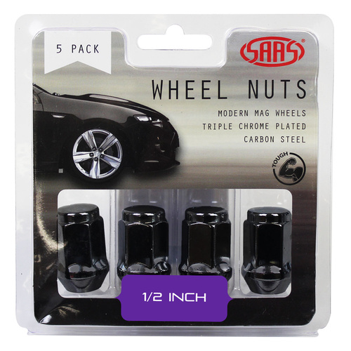 SAAS Wheel Nuts, Flat Head Bulge, 1/2 in., Black, 35mm, Set Of 5