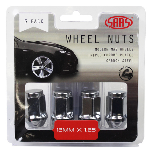 SAAS Wheel Nuts, Flat Head Bulge, 12 x 1.25 Chrome 35mm, Set Of 5
