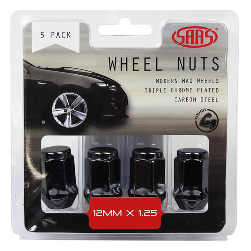 SAAS Wheel Nuts, Flat Head Bulge, 12 x 1.25, Black, 35mm, Set Of 5